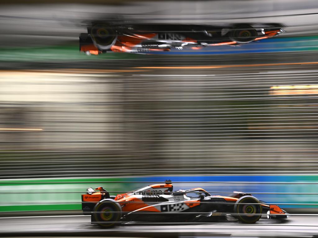 Oscar Piastri powering around the Marina Bay Street Circuit in his McLaren MCL38 Mercedes during practice for the F1 Grand Prix of Singapore. Picture: Getty