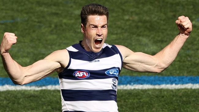 Digitally Altered Image.....MELBOURNE, AUSTRALIA - SEPTEMBER 28: Jeremy Cameron of the Giants celebrates after scoring a goal during the 2019 AFL Grand Final match between the Richmond Tigers and the Greater Western Sydney Giants at Melbourne Cricket Ground on September 28, 2019 in Melbourne, Australia. (Photo by Robert Cianflone/AFL Photos/via Getty Images )