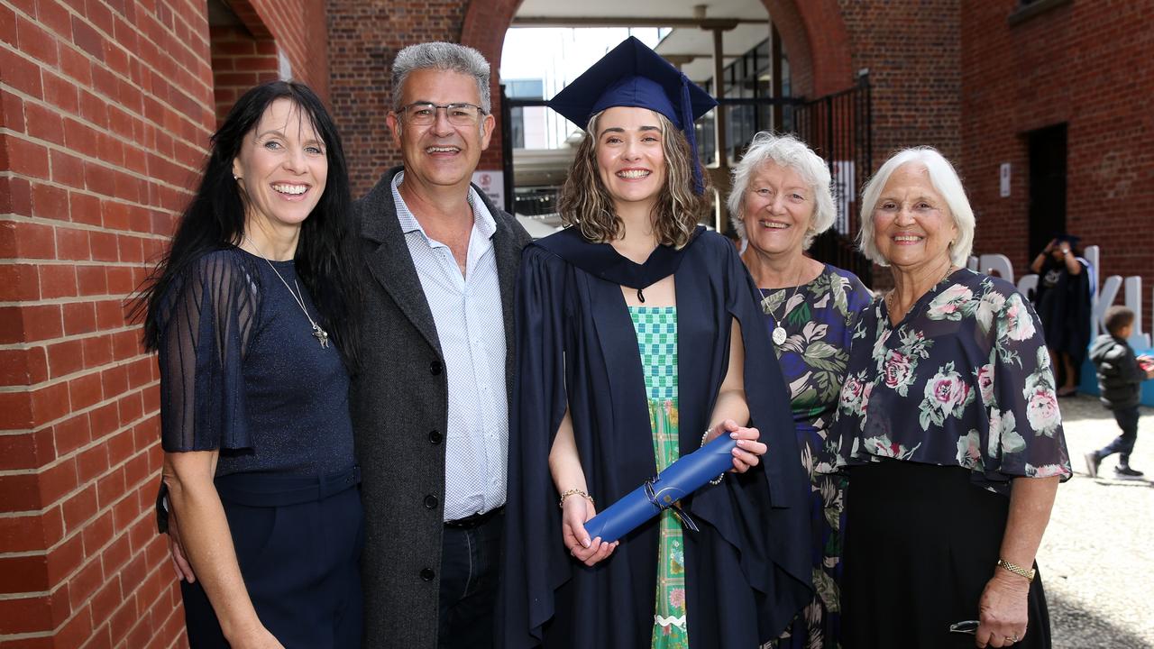 Karen Cope, Andrew Cope, Caitlin Cope, Zelda Barr and Heather Pitt at Deakin University post-graduation celebrations on Friday afternoon. Picture: Alan Barber