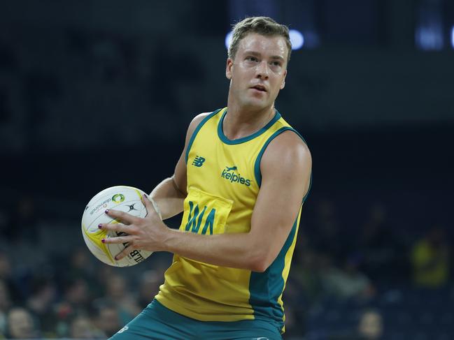 MELBOURNE, AUSTRALIA - OCTOBER 30: Riley Richardson of Australia looks to pass the ball during game three of the Men's International series between the New Zealand Net Blacks and the Australia Kelpies at John Cain Arena on October 30, 2024 in Melbourne, Australia. (Photo by Daniel Pockett/Getty Images)