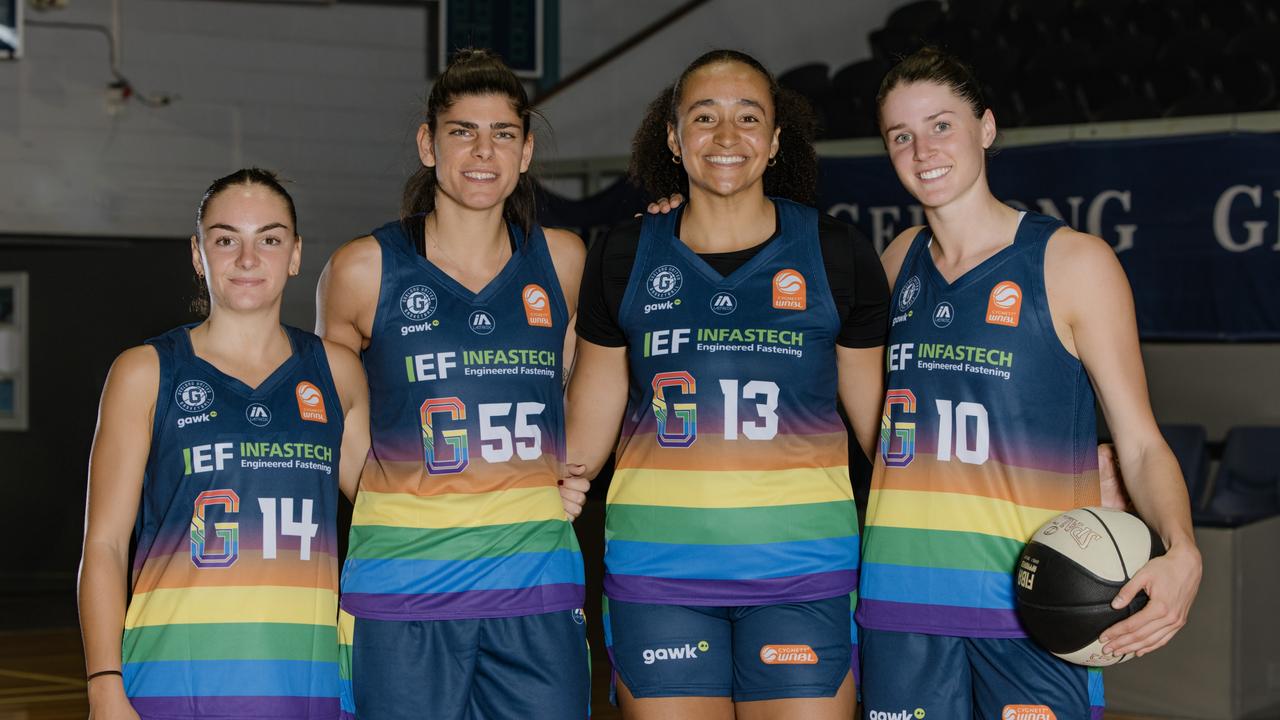 Geelong United players Monique Conti, Dani Raber, Haley Jones and Gemma Potter showcase the club’s pride jumper. Picture: Monika Berry.