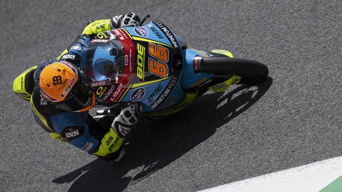 SCARPERIA, ITALY - JUNE 01: Joel Kelso of Australia and BOE Motorsport rounds the bend  during the Moto3  practice during the MotoGP Of Italy - Qualifying  at Mugello Circuit on June 01, 2024 in Scarperia, Italy. (Photo by Mirco Lazzari gp/Getty Images)