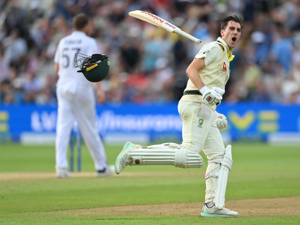 Pat Cummins celebrates after hitting the winning runs. (Photo by Stu Forster/Getty Images)