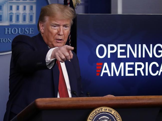 President Donald Trump speaks about the coronavirus in the James Brady Press Briefing Room of the White House, Thursday, April 16, 2020, in Washington. (AP Photo/Alex Brandon)