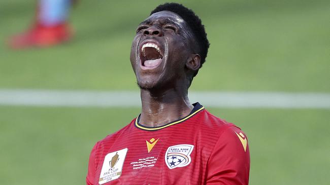 Adelaide United striker Al Hassan Toure celebrates his first half goal. Picture: Sarah Reed