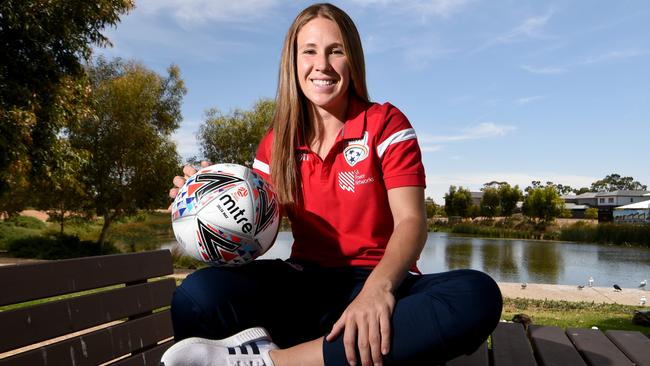 Adelaide United’s American import Mallory Weber with the Mitre W-League ball she is coming to grips with. Picture: Tricia Watkinson