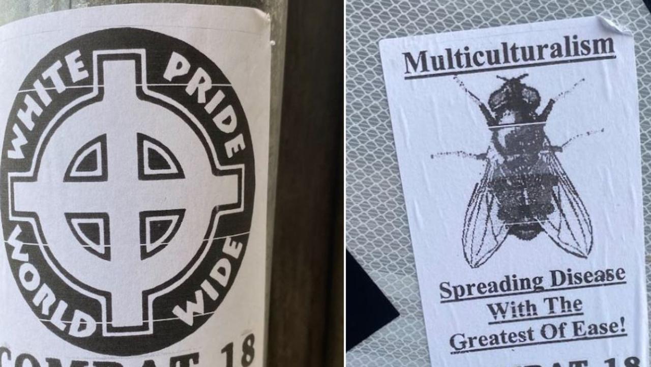 Posters from far-right Neo-Nazi group Combat 18 displayed on Pakington Street in Geelong this week.