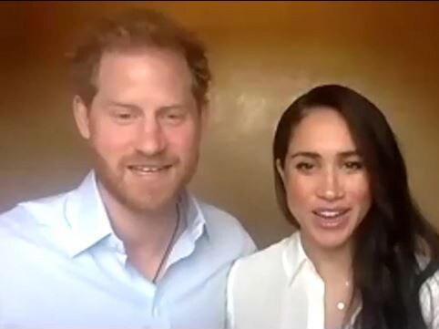 Prince Harry and Meghan Markle on Zoom call with young leaders. Picture: Queen's Commonwealth Trust