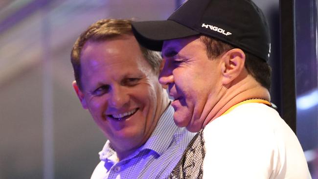 Queensland State of Origin coach Kevin Walters (left) with former world boxing champion Jeff Fenech at the Horn-Mundine fight. Picture: Peter Wallis