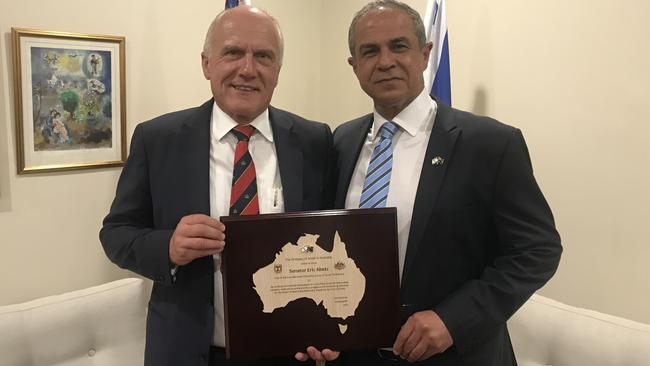 Former long-serving Tasmanian Liberal Senator Eric Abetz with Israeli Ambassador Amir Maimon. Picture: Supplied.