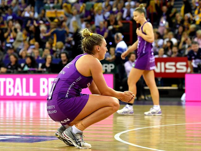 A dejected Gabi Simpson after the Firebirds’ loss to the Lightning. Picture: Getty Images