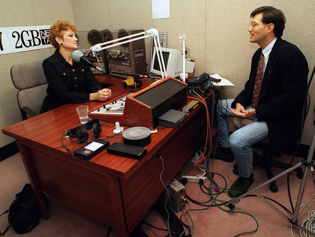 Back to where it all began: Pauline Hanson with David Oldfield during a 2GB radio talkback session in 1997. Picture: News Corp.