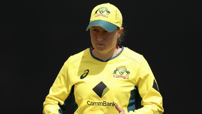 MELBOURNE, AUSTRALIA - OCTOBER 14: Alyssa Healy of Australia is seen with the series trophy during game three of the Women's One Day International series between Australia and West Indies at Junction Oval on October 14, 2023 in Melbourne, Australia. (Photo by Martin Keep/Getty Images)