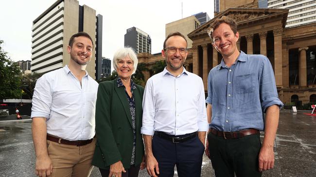 Greens leader Adam Brandt (second from right) in Brisbane after a wonderful Federal election for (from left) Stephen Bates, Elizabeth Watson-Brown and Max Chandler-Mather. Picture: Adam Head