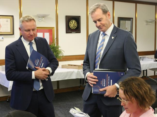 Budget 2023: Premier Jeremy Rockliff and Treasurer Michael Ferguson at the Executive building in Hobart on Thursday, May 25, 2023.