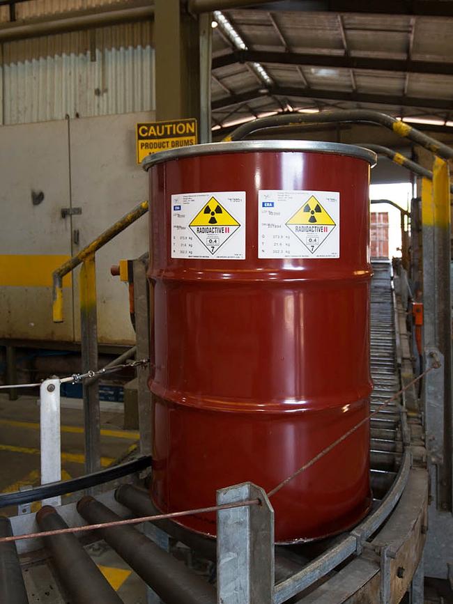 History in the making. The last drum of uranium oxide rolls off the production line at ERA's Ranger uranium mine at Jabiru. Picture: David Hancock