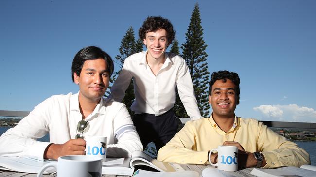 Rion Ahl, Andrew Kroger, and  Vishaak Gangasandra are all members of 100Coach team. Its a group of former Queensland high school students who scored the highest in the state and want to give back to their community by providing affordable, accomplished tuition to students across Queensland, a vision designed to reduce educational inequality. Picture Glenn Hampson