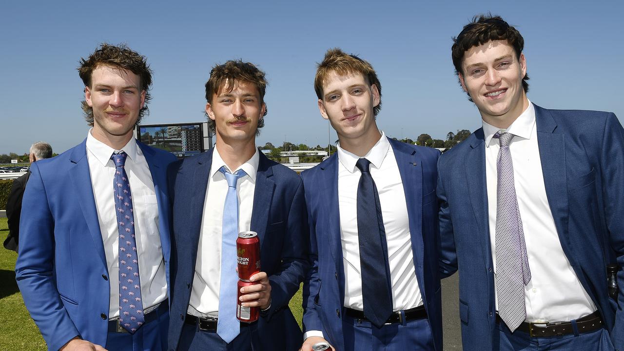 Caulfield Guineas horse race meeting, Caulfield, Victoria, Saturday 12th October 2024. Faces in the crowd. Pictured enjoying the race meeting are Henry, Sam, Zach and Shelton. Picture: Andrew Batsch