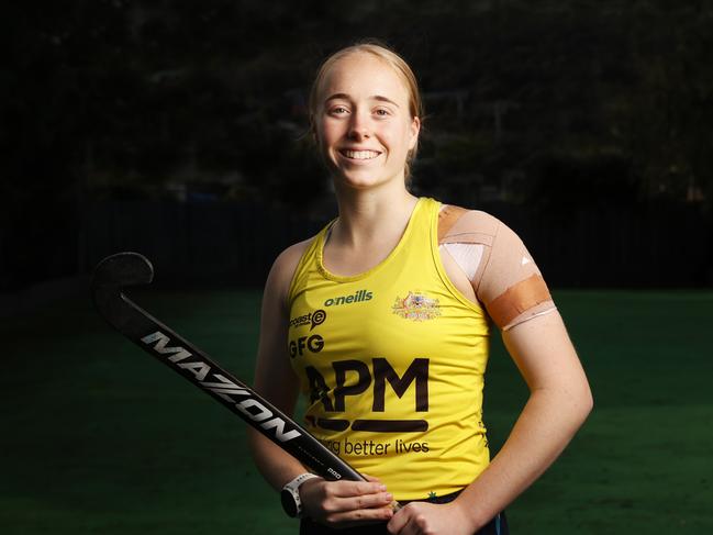 ****NO ONLINE TILL AFTER TEAM ANNOUNCEMENT ON 1/7/24****Maddi Brooks at home in Hobart.  Tasmanian Maddi Brooks 19 has been named in the Paris 2024 Olympic women's hockey team.  Picture: Nikki Davis-Jones