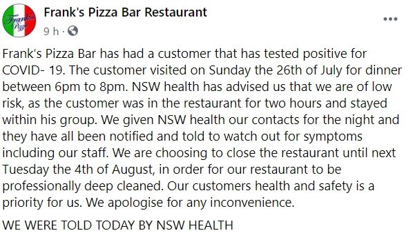 The notice to customers and the community from Frank’s Pizza.