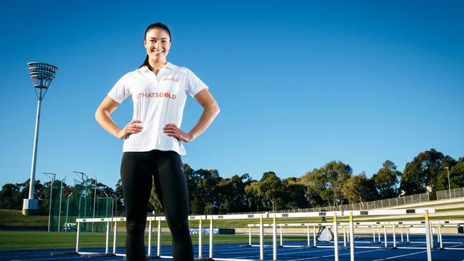 Michelle Jenneke at the Olympic Park Athletics Arena ahead of the Rio Games. Picture: Jonathan Ng