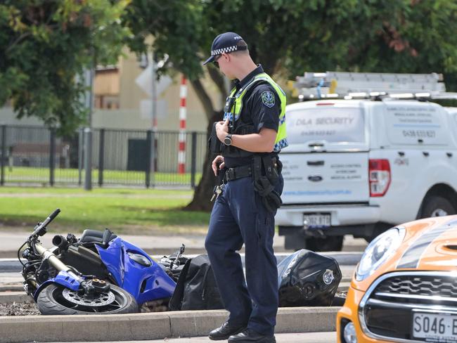 MARCH 3, 2023: Scene of an accident involving a motorbike and four cars at the intersection of Port Road and George St, Thebarton. Picture: Brenton Edwards