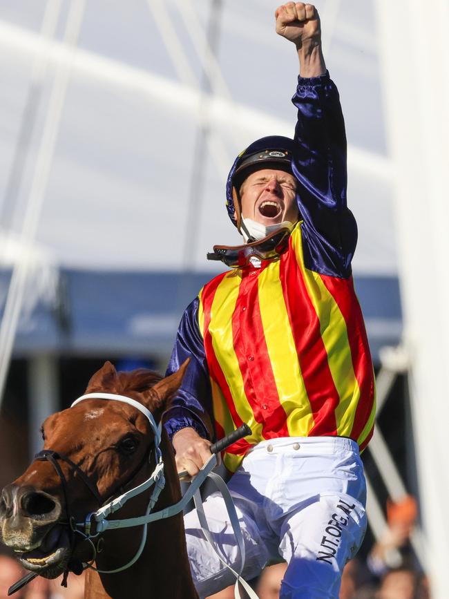 James McDonald on Nature Strip salutes after winning the 2021 The Everest. Picture: Getty Images