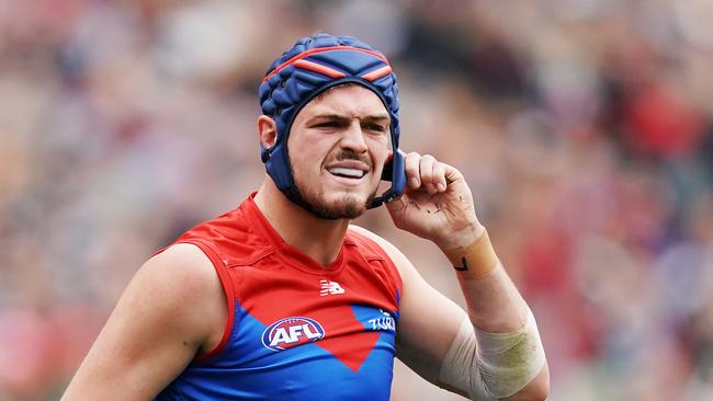 Angus Brayshaw of the Melbourne Demons wears a helmet. Picture: Michael Dodge/Getty Images