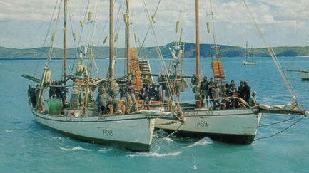 A98 pearling lugger Anniki and A99 Antonia on the water in the Torres Strait. Picture: Chris De Vine