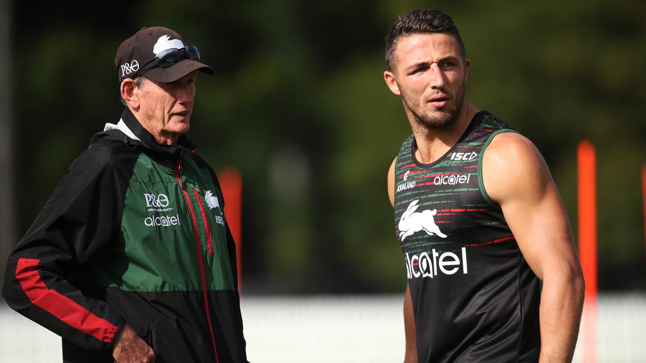 Coach Wayne Bennett and Sam Burgess during South Sydney training session. Picture. Phil Hillyard