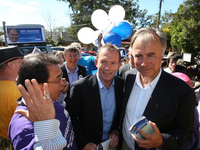 John Alexander (right) campaigning to be elected as Bennelong MP, with then Opposition Leader Tony Abbott, at Epping West Public School in 2010.