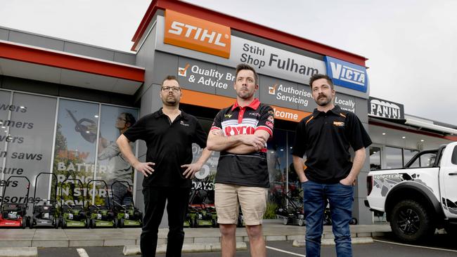 Mark, Craig and Troy Dontas, pictured at Mark's Stihl Shop in Fulham, are fighting for ownership of their name. Picture: NCA NewsWire / Naomi Jellicoe