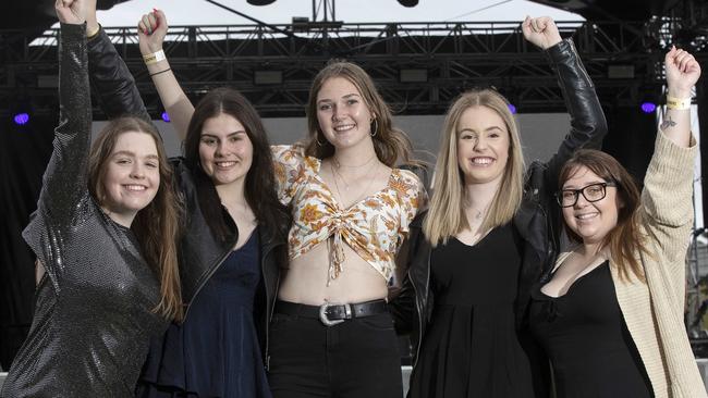 April Mohr of Launceston, Amy McIvor of Launceston, Storm Lord of Bicheno, Lara Shadbolt of Launceston and Taylah Reid of Launceston at the Veronicas concert, Hobart. Picture Chris Kidd