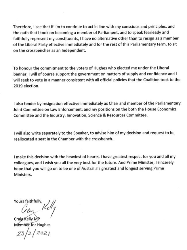 Craig Kelly’s resignation letter.