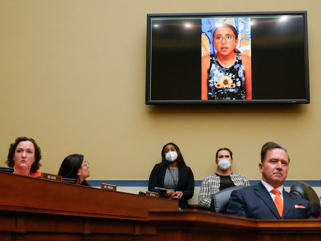 Miah Cerrillo, a fourth grade student at Robb Elementary School in Uvalde, Texas, and survivor of the mass shooting appears on a screen. Picture: AFP.