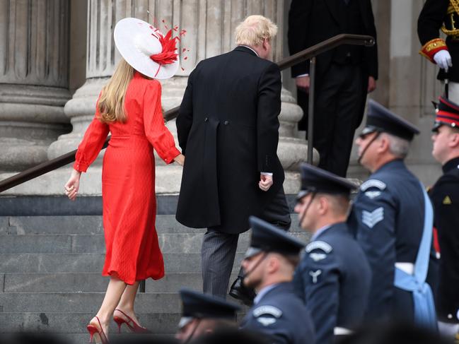 Carrie Johnson and Prime Minister Boris Johnson arrive at the National Service of Thanksgiving at St Paul's Cathedral. Picture: Getty Images