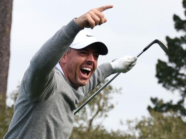 *** BESTPIX *** PEBBLE BEACH, CALIFORNIA - JANUARY 30: Rory McIlroy of Northern Ireland celebrates after a hole-in-one on the 15th hole during the first round of the AT&T Pebble Beach Pro-Am 2025 at Spyglass Hill golf course on January 30, 2025 in Pebble Beach, California. (Photo by Ezra Shaw/Getty Images)