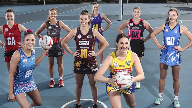 Premier League netballers gearing up for the 2020 season. (L-R) Emma Green (Contax) Millie Basedow (Matrics), Billie-Jaye Brougham (Newton Jaguars), Brenna McKay (Woods Panthers), Rebecca Hyde (Garville) Jordan Vivian (Oakdale) Jessica Ward (Tango), Tessa Gaynor (Metro Jets). Picture: Sarah Reed