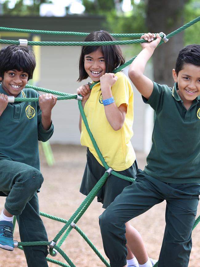 Balwyn Primary School Year 3 students Brinthen, Delilah and Veer. Picture: David Caird