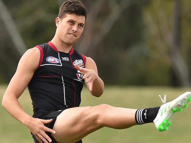 Rowan Marshall of the Saints is seen in action during the teams training session at RSEA Park, Melbourne, Tuesday, April 23, 2019. The Saints will take on the Adelaide Crows at Marvel stadium this Saturday in round six. (AAP Image/James Ross) NO ARCHIVING