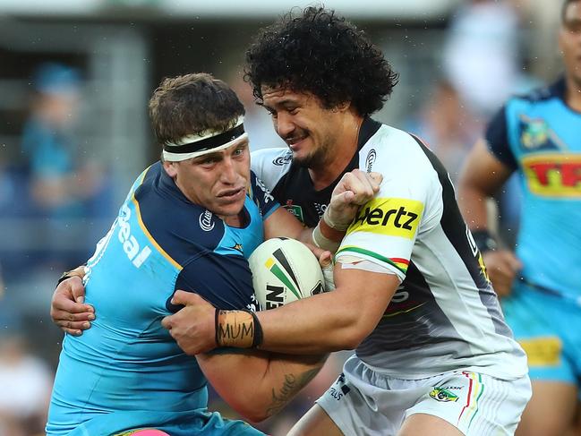 GOLD COAST, AUSTRALIA - AUGUST 11:  Jarrod Wallace  of the Titans is tackled during the round 22 NRL match between the Gold Coast Titans and the Penrith Panthers at Cbus Super Stadium on August 11, 2018 in Gold Coast, Australia.  (Photo by Chris Hyde/Getty Images)