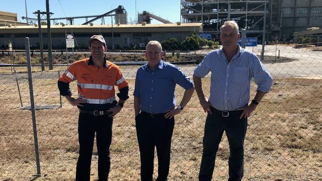 Senator Matt Canavan, Queensland Resources Council Chief Executive Ian Macfarlane and Member for Gregory Lachlan Millar at the Gregory Crinum Mine.