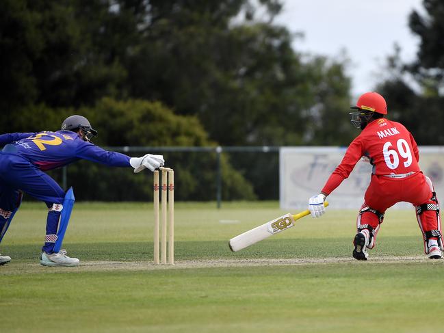 Kookaburra MenÃ¢â¬â¢s Premier Firsts Cricket: Round 1: Frankston Peninsula 1st XI vs Casey South Melbourne 1st XI, played at Jubilee Park, Frankston, Victoria, Saturday 5th October 2024. Casey South Melbourne player Daud Malik stumped out by Frankston peninsula keeper Sean van Wijk. Picture: Andrew Batsch