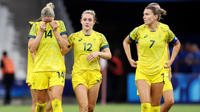 MARSEILLE, FRANCE - JULY 31: Alanna Kennedy #14 of Team Australia shows her dejection after losing the Women's group B match between Australia and United States during the Olympic Games Paris 2024 at Stade de Marseille on July 31, 2024 in Marseille, France. (Photo by Alex Livesey/Getty Images)