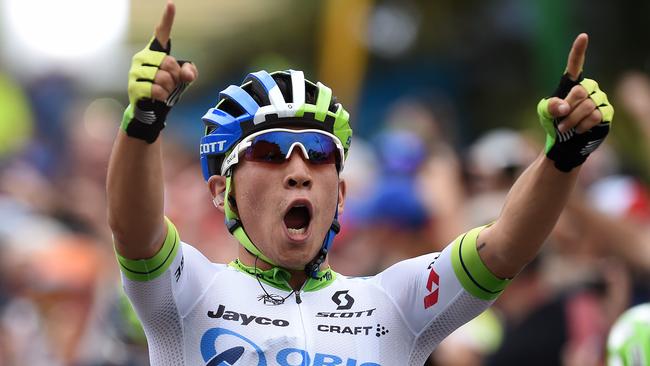 Australian rider Caleb Ewan of team OricaÐGreenEDGE celebrates winning stage 1 of the Tour Down Under in Lyndoch, near Adelaide, Tuesday, Jan. 19, 2016. (AAP Image/Dan Peled) NO ARCHIVING, EDITORIAL USE ONLY