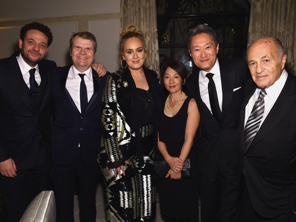 Manager Jonathan Dickens, Chairman of the Columbia Records Rob Stringer, recording artist Adele, Riko Hirai, President and CEO of Sony Corporation Kaz Hirai and Chairman and CEO of Sony Music Entertainment Doug Morris attend the Sony Music Entertainment 2017 Post-Grammy Reception at Hotel Bel-Air on February 12, 2017 in Los Angeles, California.Picture: Getty