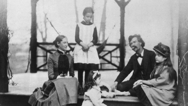 Author Mark Twain with wife &amp; children at home in Hartford in 1885. families mother father daughter