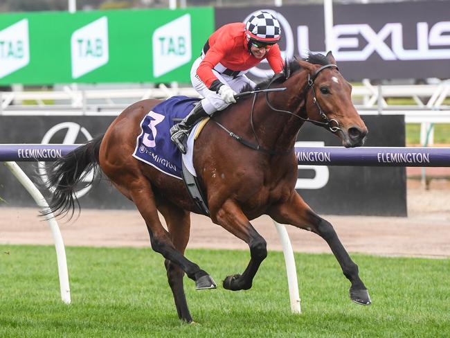 Schabau (GER) ridden by Brett Prebble wins the 2021 Country Achiever John Ledger at Flemington Racecourse on August 07, 2021 in Flemington, Australia. (Brett Holburt/Racing Photos via Getty Images)