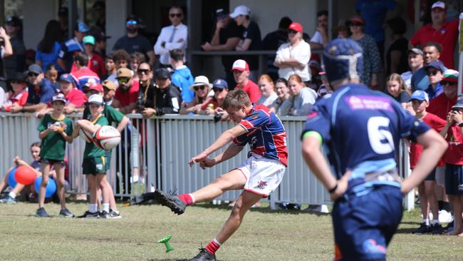 Action galleries of the junior rugby union grand finals, match played at Surfers Paradise Home Ground. Helensvale Hogs Vs Bond Uni Pirates under 14s division.m Bond Player Dylan Teblanche. Picture Mike Batterham