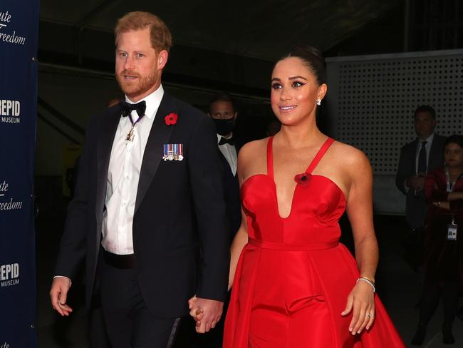 NEW YORK, NEW YORK - NOVEMBER 10: Prince Harry, Duke of Sussex and Meghan, Duchess of Sussex attend the 2021 Salute To Freedom Gala at Intrepid Sea-Air-Space Museum on November 10, 2021 in New York City. (Photo by Dia Dipasupil/Getty Images)